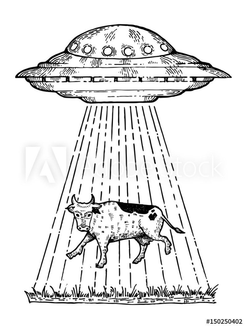 Picture of UFO kidnaps the cow engraving style vector